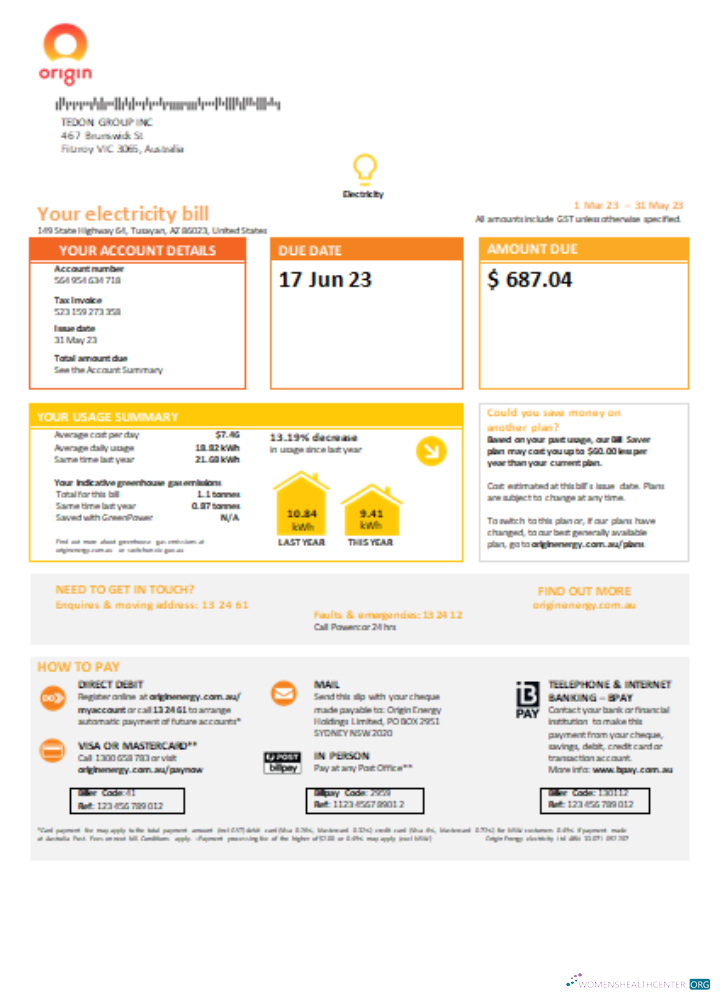 Download New South Wales (NSW) Origin electricity utility business bill, SCR, page 1 Photoshop template